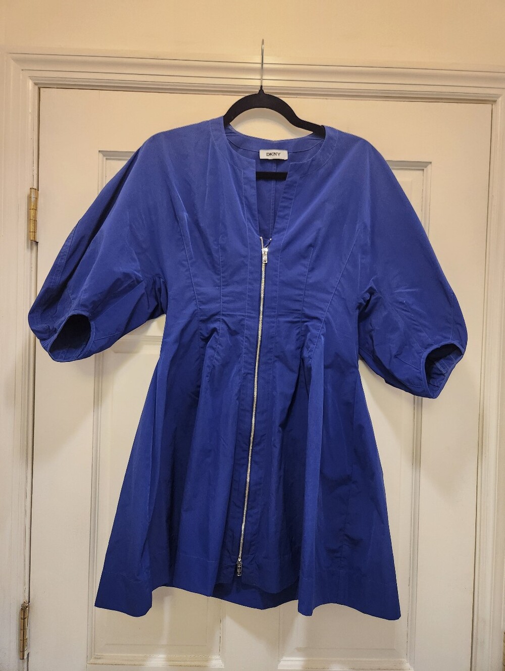 DKNY Royal Cobalt Blue Sporty Zip Front Balloon Sleeve Mini Dress S